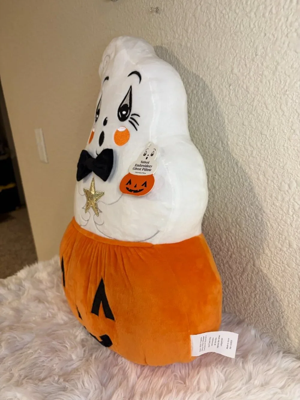 Halloween Ghost Pumpkin Velvet Embroidered Decorative Pillow 20x13 NWT